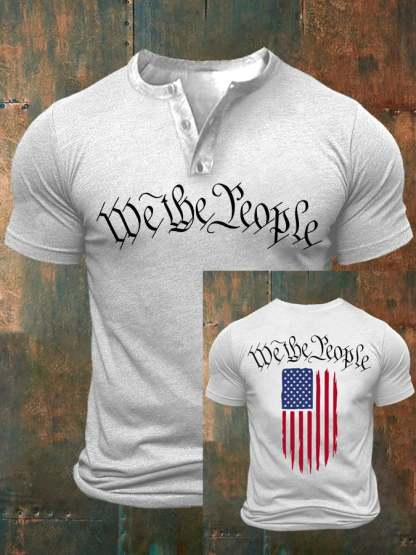 Men's Independence Day We The People America Flag Buttons Neck Tee