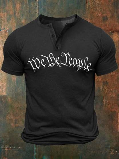 Men's Independence Day We The People America Flag Buttons Neck Tee