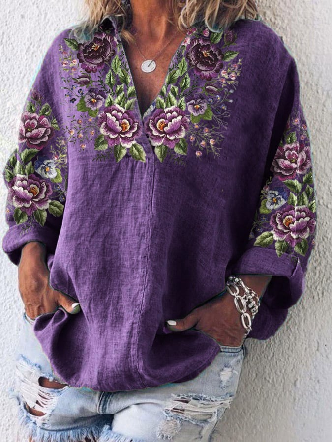 Women's Cotton And Linen Purple Floral V-Neck Top