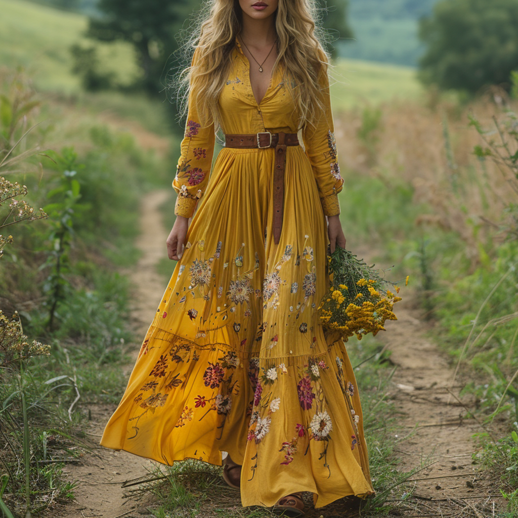 Retro V-neck Floral Women's Long-sleeved Long Skirt Country Pastoral R