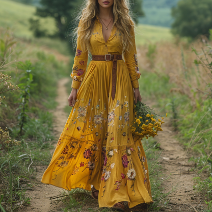 Retro V-neck Floral Women's Long-sleeved Long Skirt Country Pastoral R