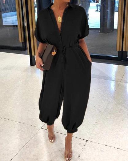 Solid Color Fold-Over Collar Single-Breasted Short-Sleeved Jumpsuit