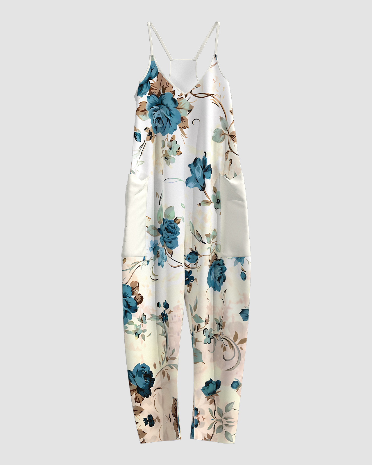 Women's Blue Rose Print Sleeveless Jumpsuit
