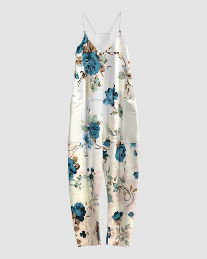 Women's Blue Rose Print Sleeveless Jumpsuit