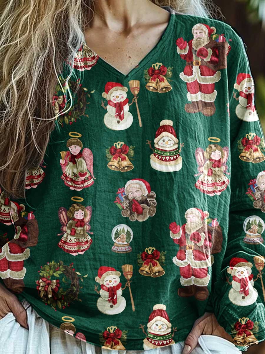 Women's Christmas Santa Casual Long Sleeve Comfortable Cotton Top