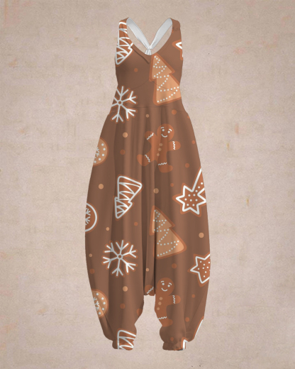 Women's Snowflakes & Christmas Tree Print Sleeveless Jumpsuit Harem Pa