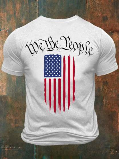 Men's Independence Day We The People America Flag Buttons Neck Tee