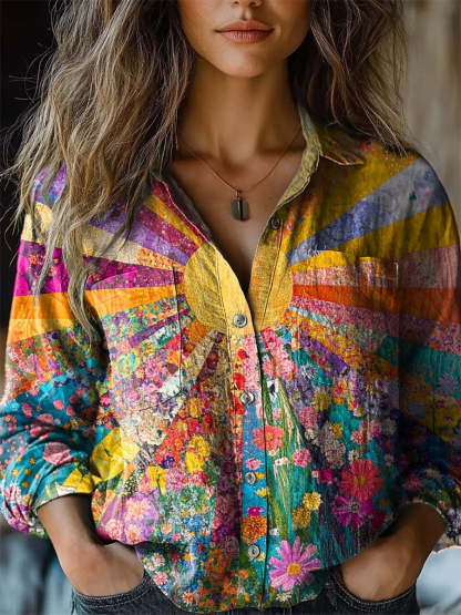 Women's Lovely Sun Floral Patchwork Pattern Art Print Casual Long Slee