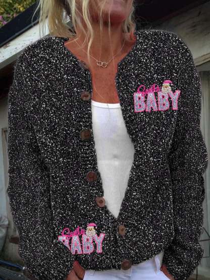 Women's Vintage Christmas Shiny Santa Baby Knit Cardigan