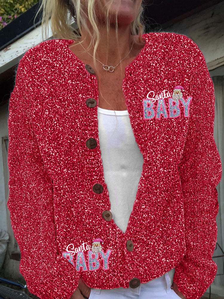 Women's Vintage Christmas Shiny Santa Baby Knit Cardigan