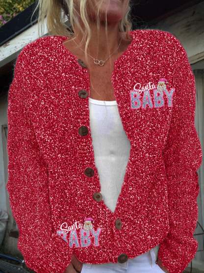Women's Vintage Christmas Shiny Santa Baby Knit Cardigan