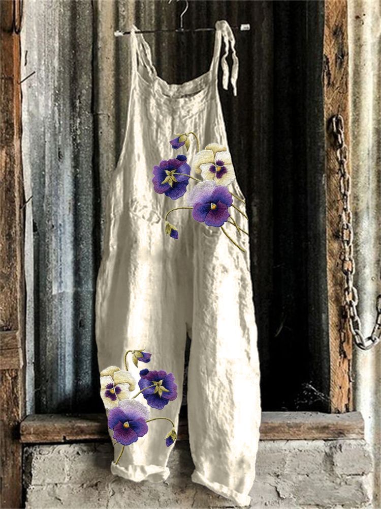 Classy Pansy Flowers Embroidered Loose Fit Jumpsuit