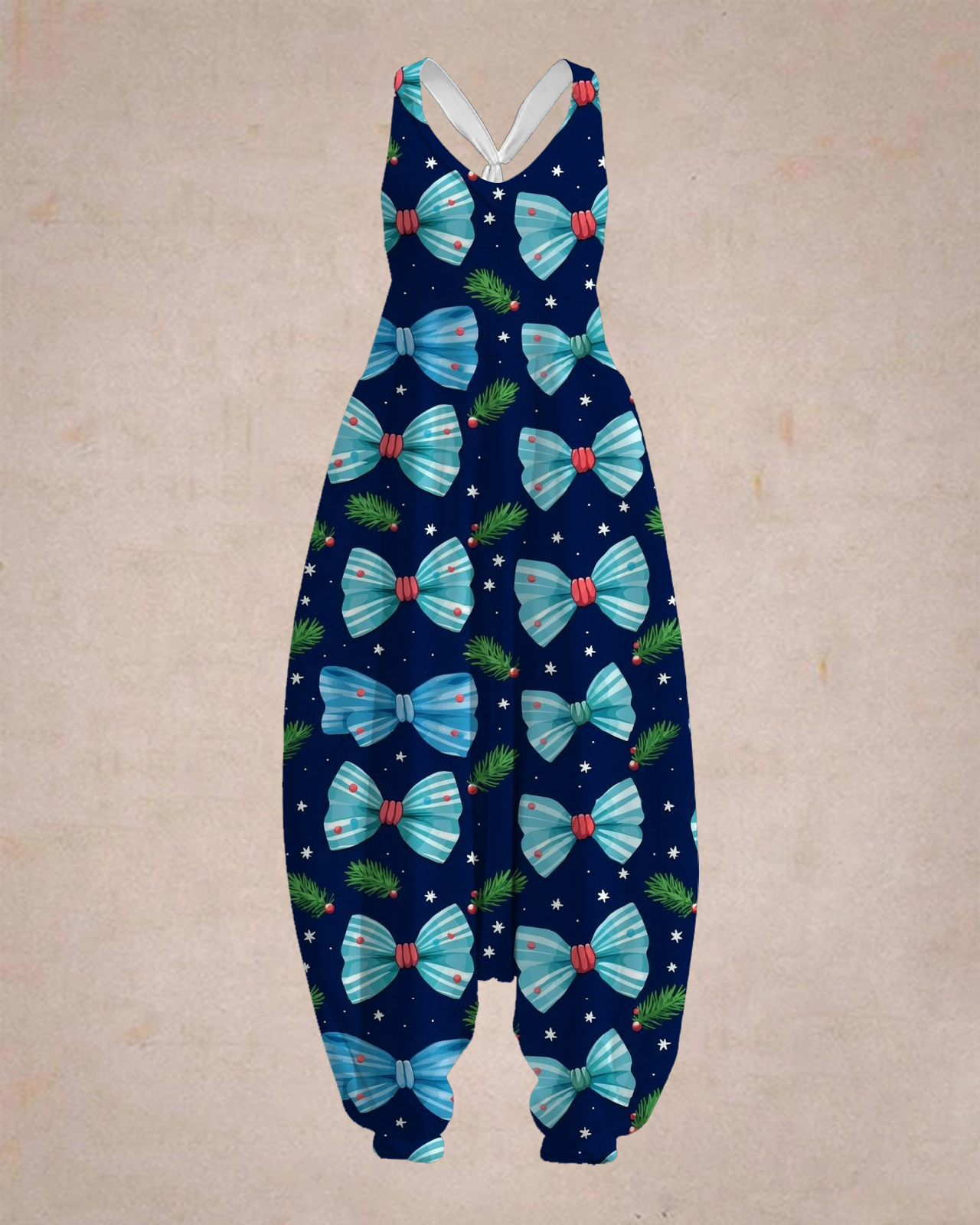 Women's Blue Bow Print Sleeveless Jumpsuit Harem Pants