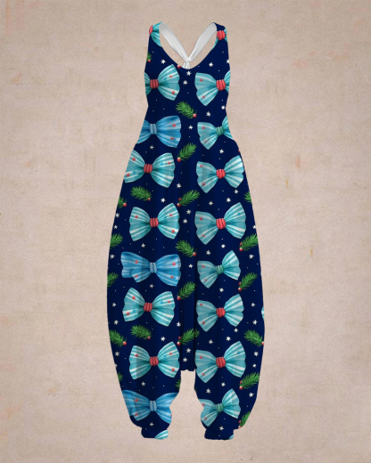 Women's Blue Bow Print Sleeveless Jumpsuit Harem Pants