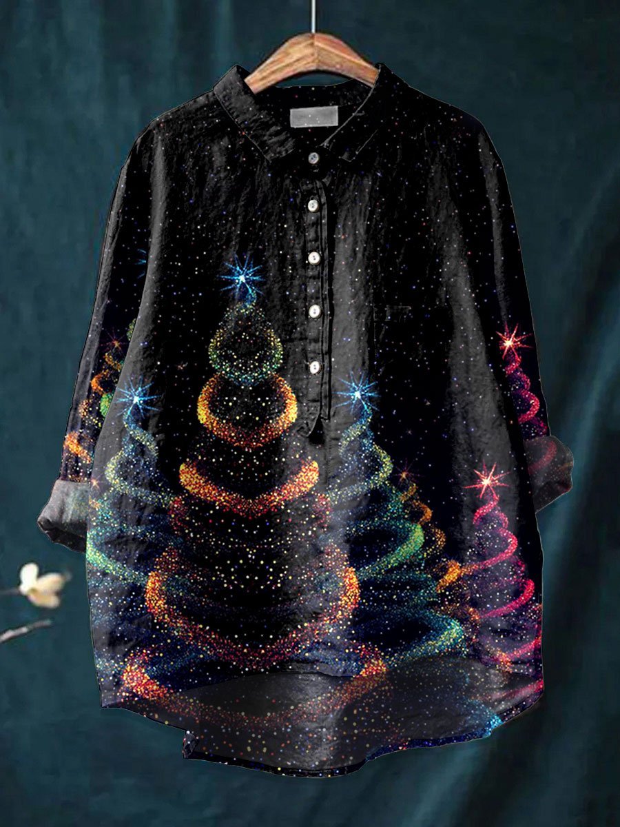Women's Glitter Christmas Art Print Casual Cotton And Linen Shirt