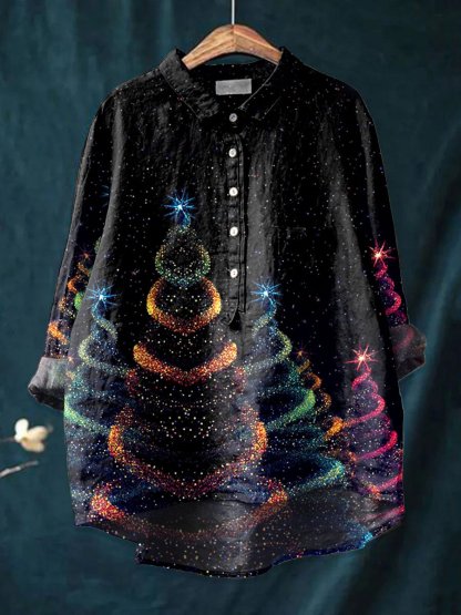Women's Glitter Christmas Art Print Casual Cotton And Linen Shirt