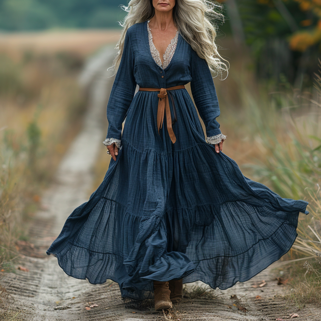 Vintage V-neck Linen Long-sleeve Dress
