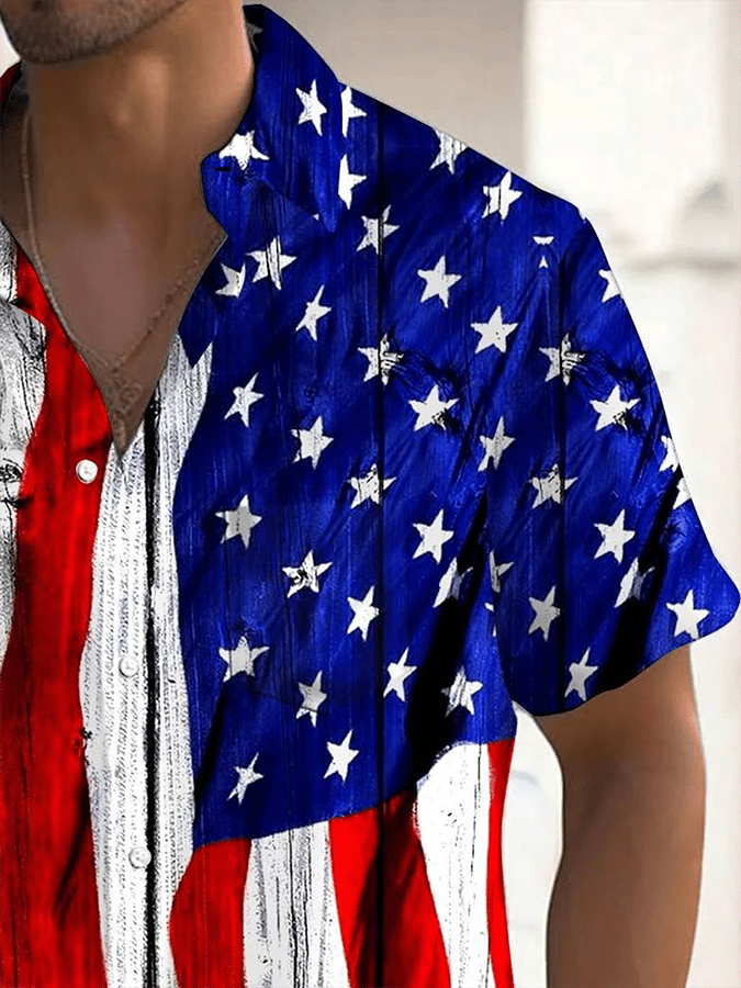 Men's Fashionable Flag Print Resort Casual Shirt (Pockets Included)