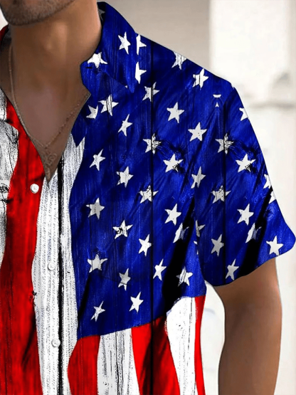 Men's Fashionable Flag Print Resort Casual Shirt (Pockets Included)