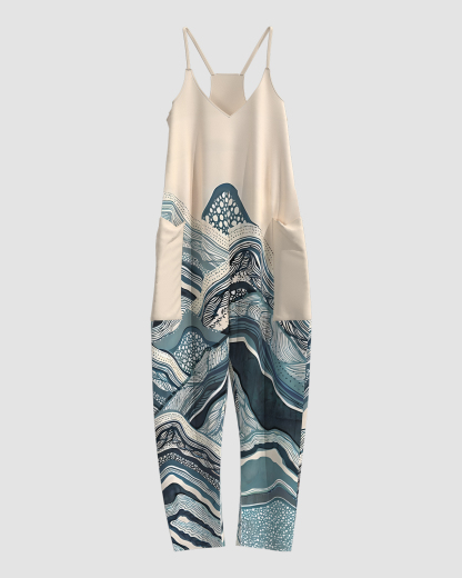 Women's Mountain and Sea Print Sleeveless Jumpsuit