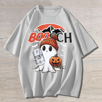 Funny Drinking Halloween Ghost Print Unisex Oversized Cotton Tee