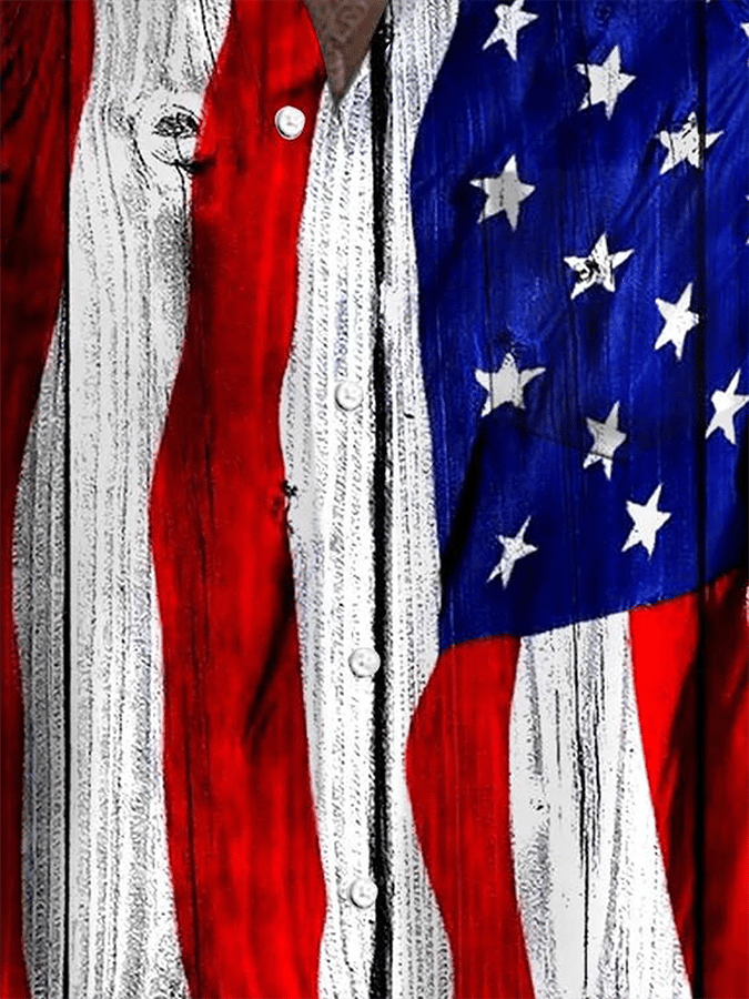 Men's Fashionable Flag Print Resort Casual Shirt (Pockets Included)