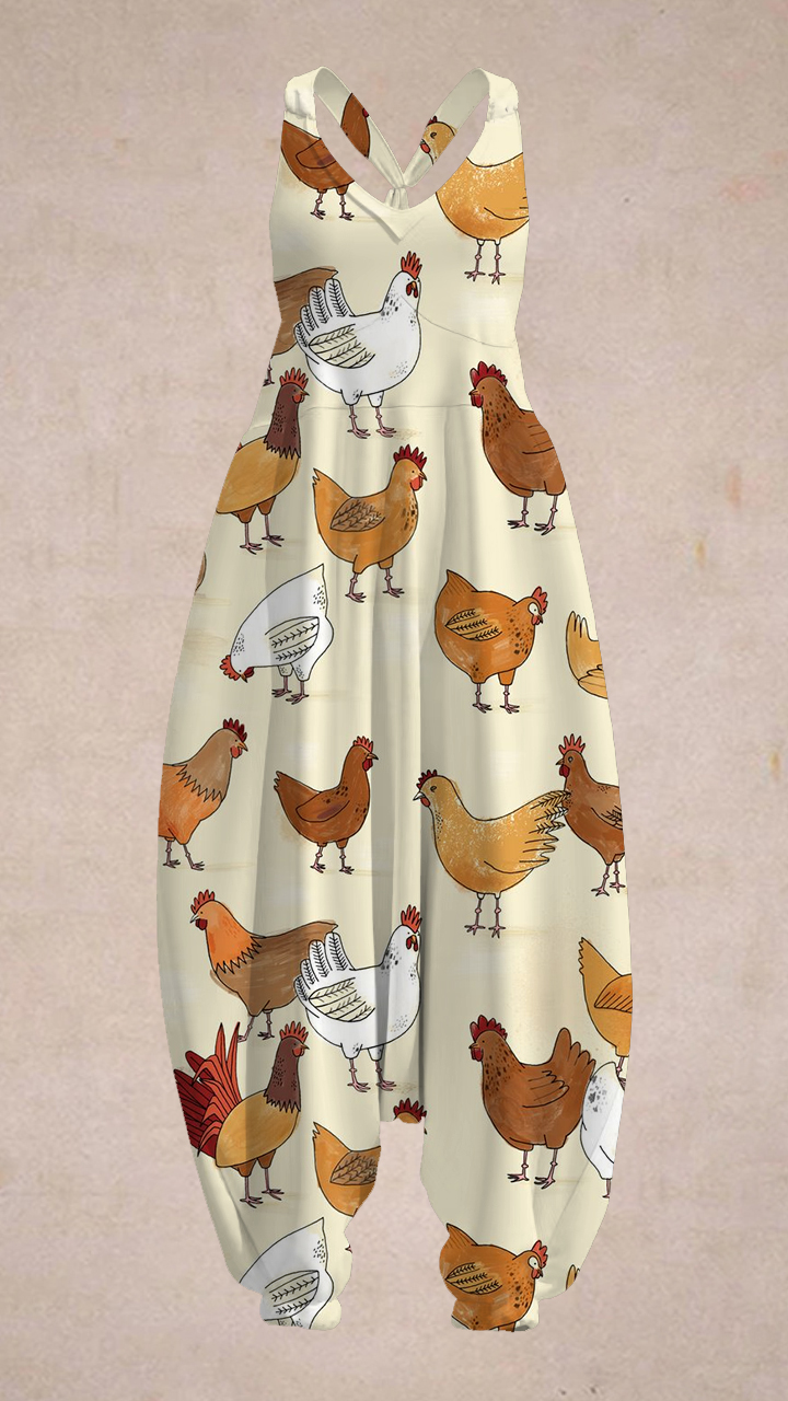 Women's Farm Chicken Print Linen Blend Casual Jumpsuit
