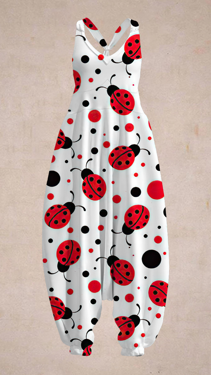 Women's ladybugs Embroidery Pattern Sleeveless Harem Jumpsuit