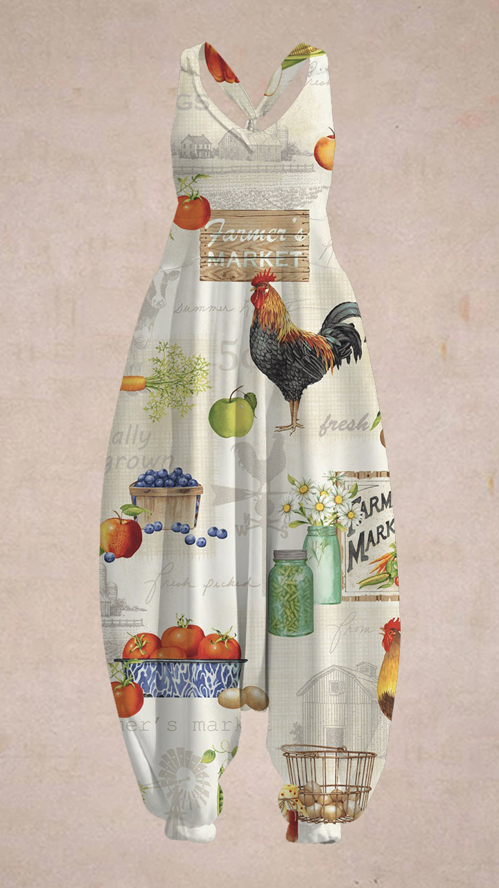 A Day on the Farm Farmer's Market Print Sleeveless Harem Jumpsui