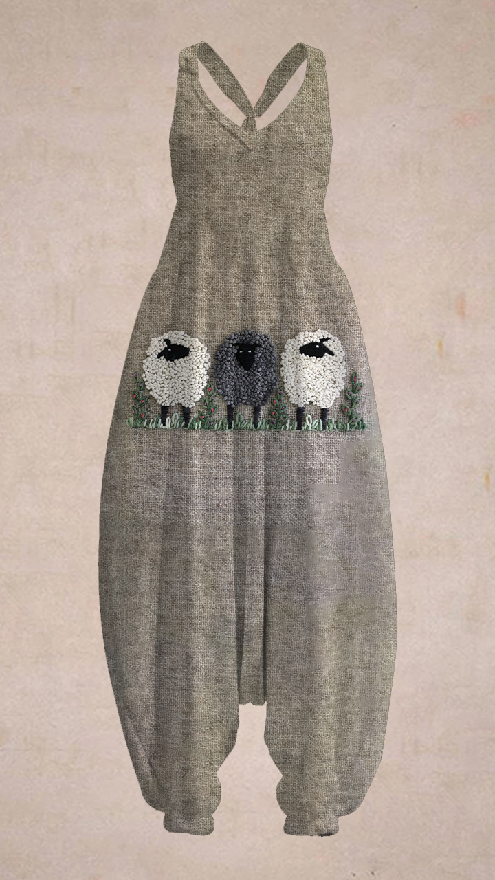 Vintage Sheep Linen Blend Loose Casual Sleeveless Harem Jumpsui