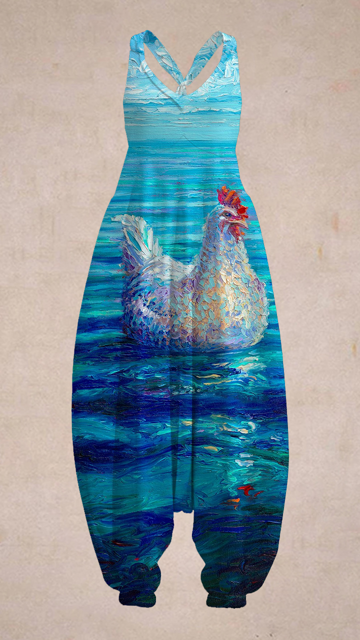 Women's Chicken Painting Printed  Sleeveless Harem Jumpsuit
