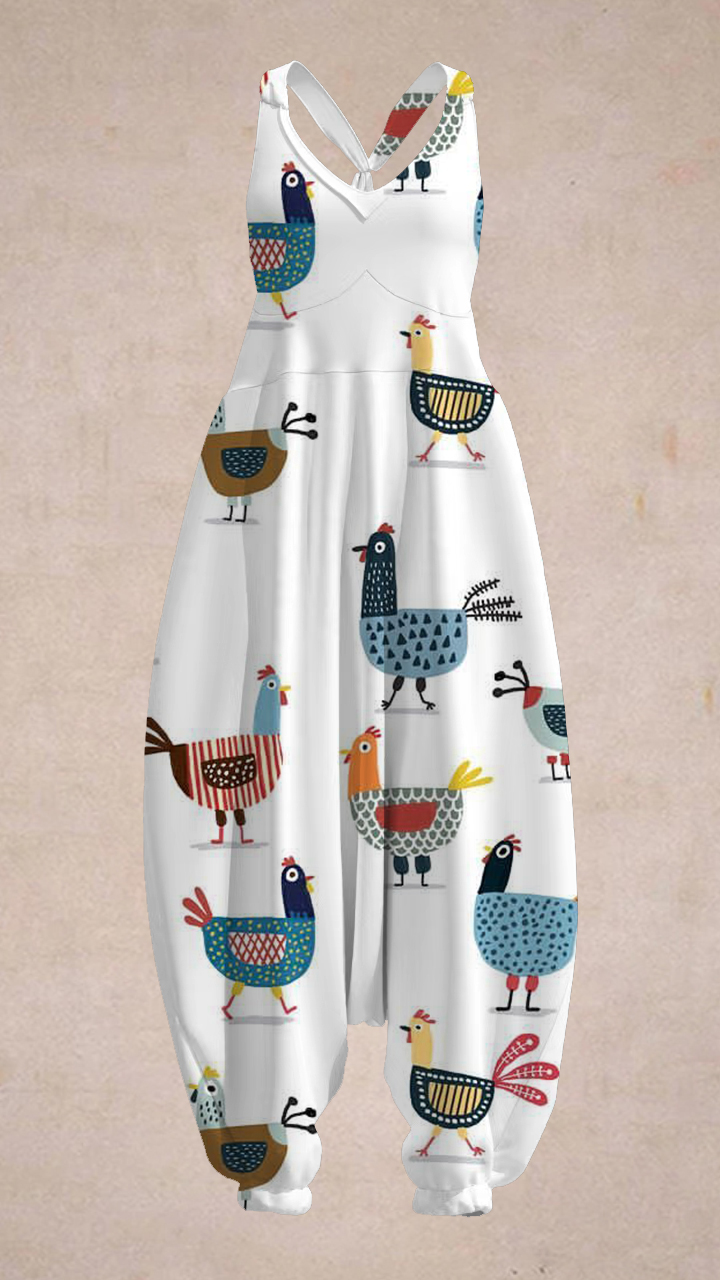 Women's Funny Farm Chicken Embroidery Pattern Linen Blend Jumpsuit
