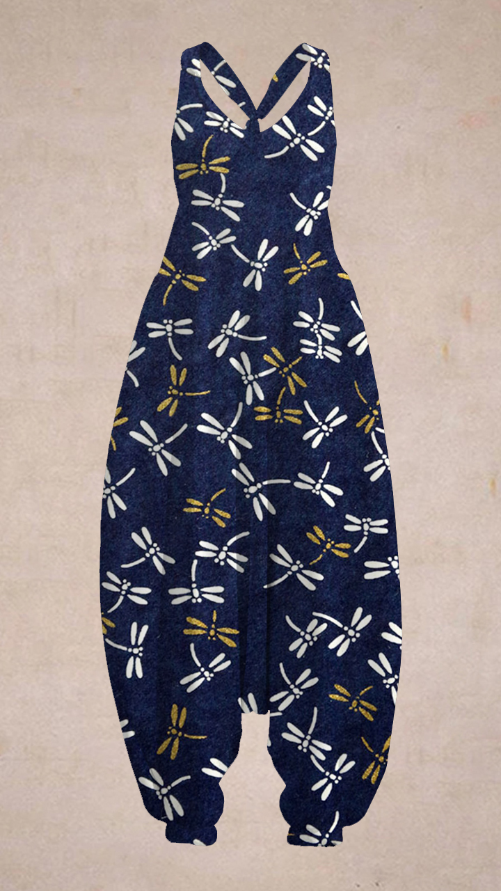 Women's Dragonfly Art Sleeveless Harem Jumpsuit