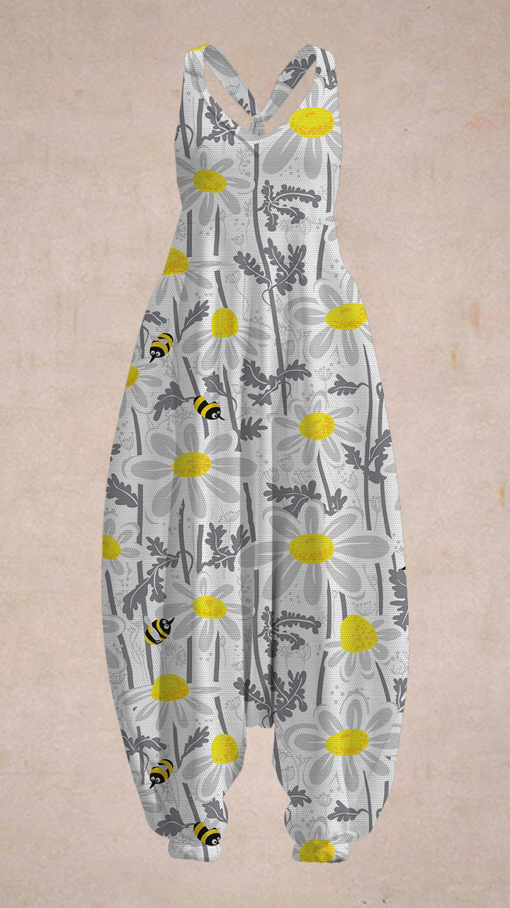 Women's Daisy Bee Embroidery Art Print Sleeveless Harem Jumpsuit