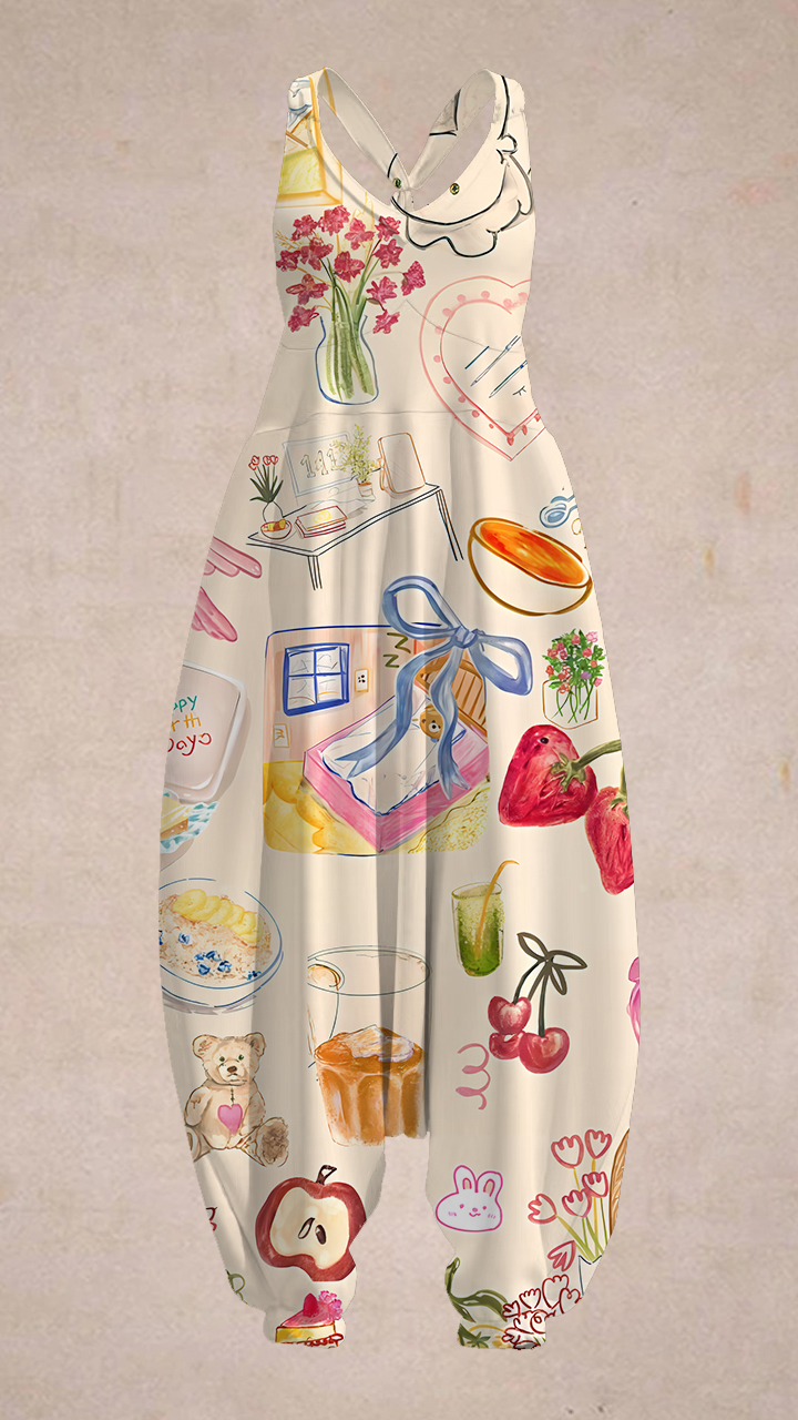 Women's Cartoon Sticker Pattern Sleeveless Harem Jumpsuit