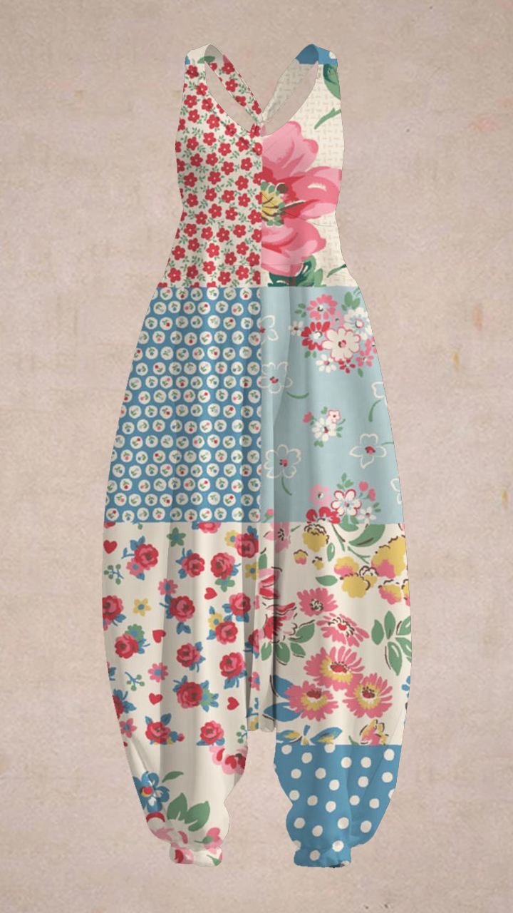 Women's Retro Contrast Floral Bohemian Loose Jumpsuit