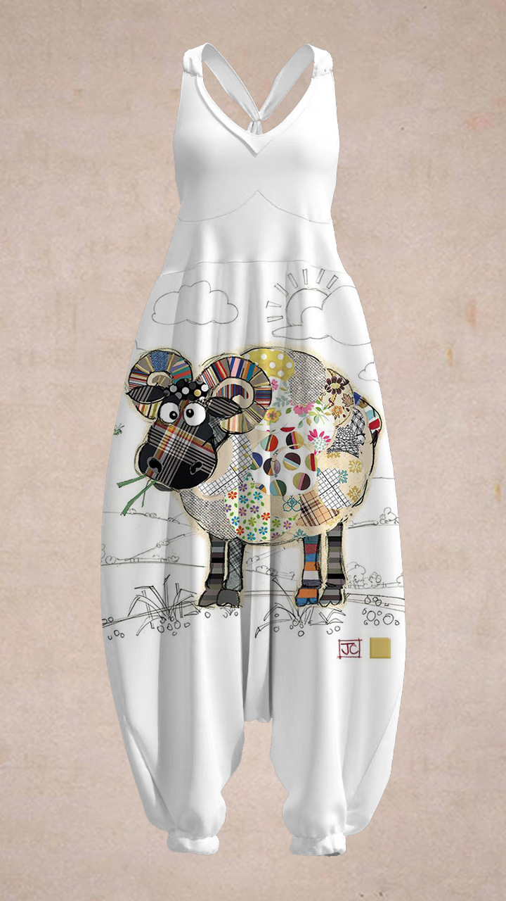 Women's Vintage Farm Sheep Art Sleeveless Harem Jumpsui