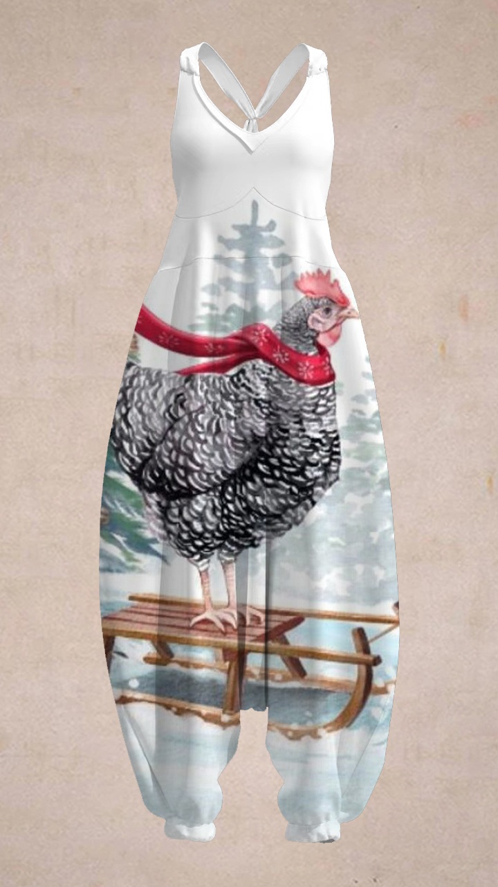 Women's Funny ChristmasSledding Chicken Print Sleeveless Harem Jumpsui