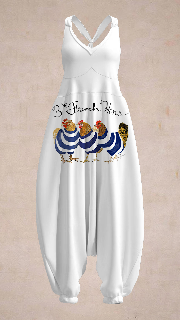 Women's 3 France Hens Print Sleeveless Harem Jumpsuit