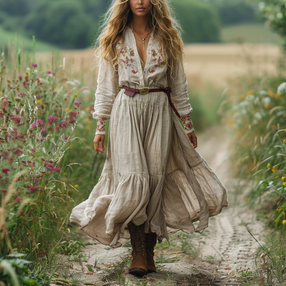 Vintage V-neck Linen Women's Long-sleeved Long Dress Pastoral Style Li