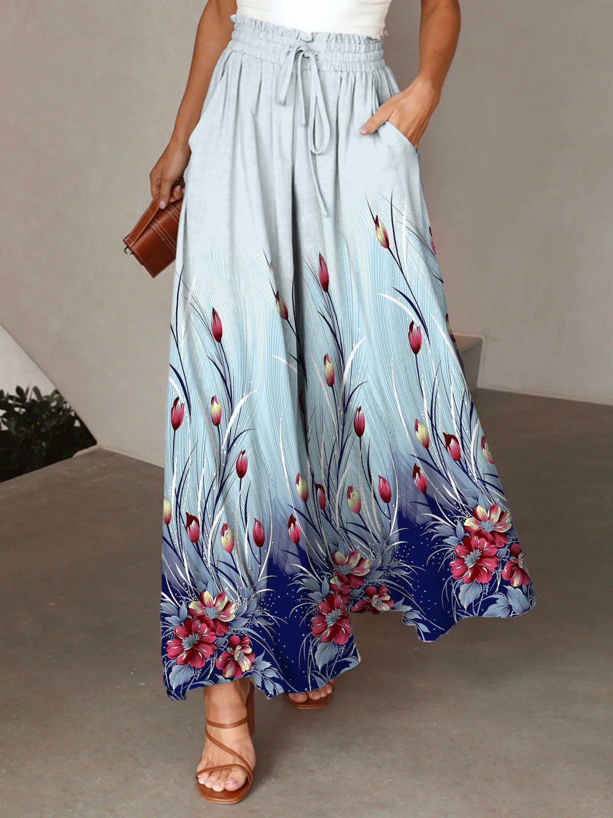 Wide Leg Floral Blue Base Positioning Print Pants