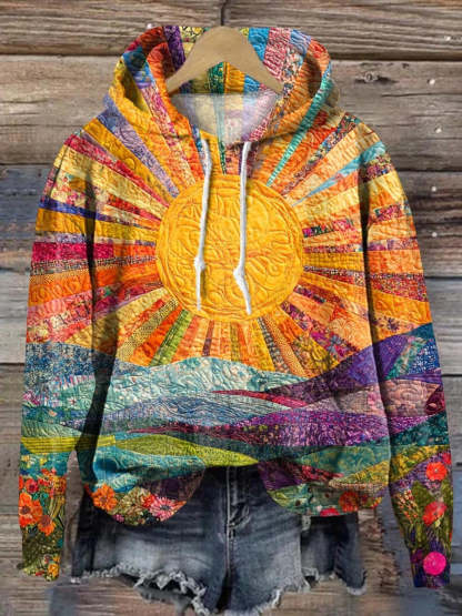 Lovely Sun Floral Patchwork Art Print Casual Hoodie Sweatshirt