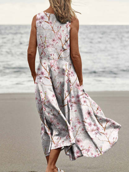 Spring Cherry Blossoms Seamless Repeat Pattern Printed Women's Pocket Pinafore Linen Dress