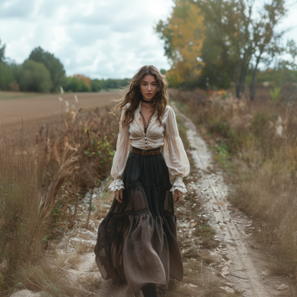 Vintage V-neck Linen Long-sleeve Dress