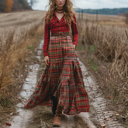 Retro V-neck Plaid Women's Long-sleeved Long Skirt Country Pastoral Re