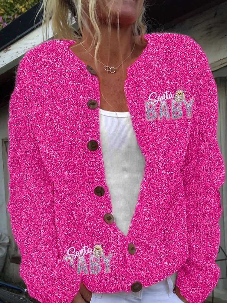Women's Vintage Christmas Shiny Santa Baby Knit Cardigan