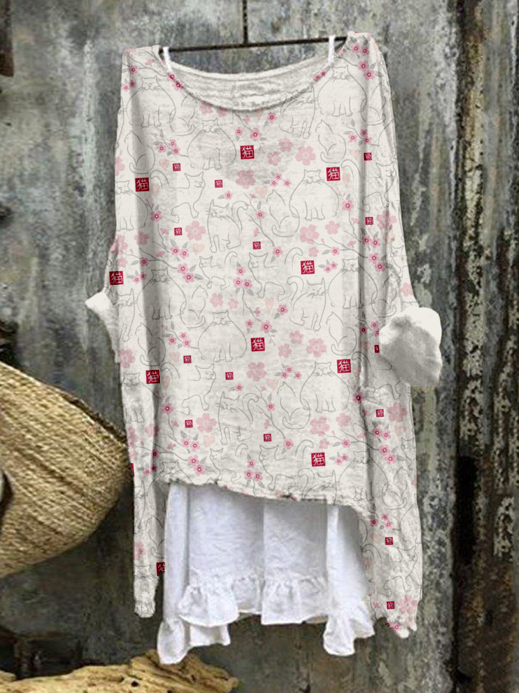 Cherry Blossom & Cat Japanese Art Linen Blend Tunic