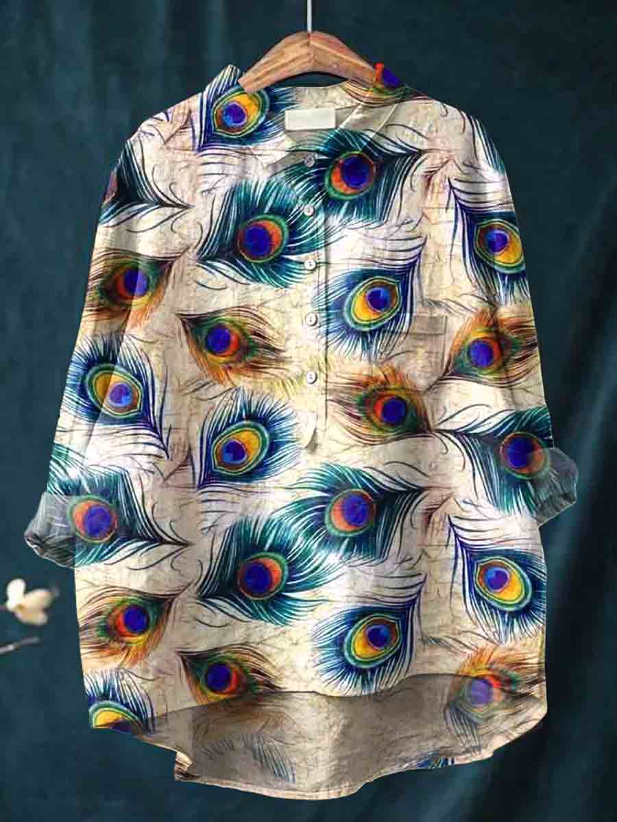 Women's Peacock Feathers Flower Casual Cotton and Linen Shirt