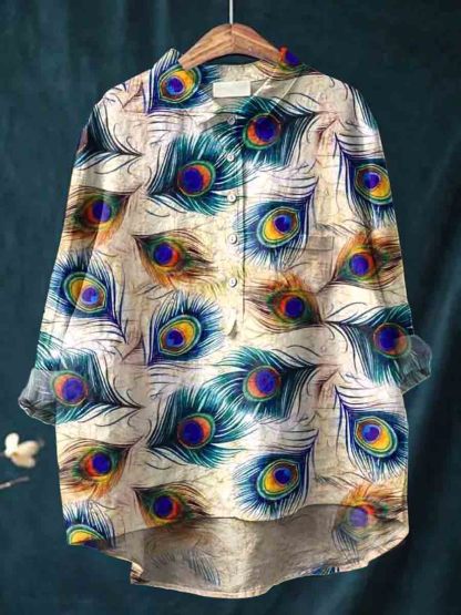 Women's Peacock Feathers Flower Casual Cotton and Linen Shirt