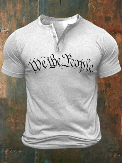 Men's Independence Day We The People America Flag Buttons Neck Tee
